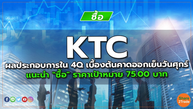 KTC ผลประกอบการใน 4Q เบื้องต้นคาดออกเย็นวันศุกร์ แนะนำ "ซื้อ" ราคาเป้าหมาย 75.00 บาท