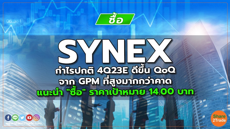 SYNEX กำไรปกติ 4Q23E ดีขึ้น QoQ จำก GPM ที่สูงมากกว่าคาด  แนะนำ "ซื้อ" ราคาเป้าหมาย 14.00 บาท