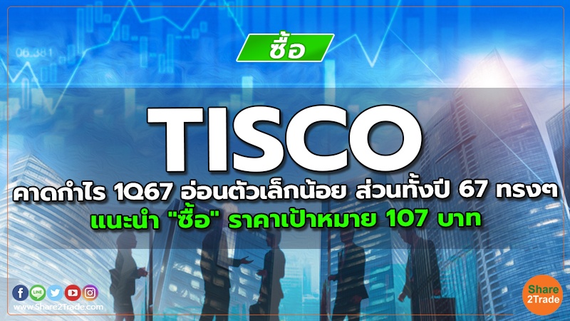 TISCO คาดกำไร 1Q67 อ่อนตัวเล็กน้อย ส่วนทั้งปี 67 ทรงๆ แนะนำ "ซื้อ" ราคาเป้าหมาย 107 บาท