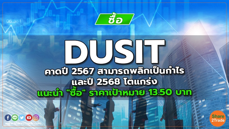 DUSIT คาดปี 2567 สามารถพลิกเป็นกำไรและปี 2568 โตแกร่ง  แนะนำ "ซื้อ" ราคาเป้าหมาย 13.50 บาท