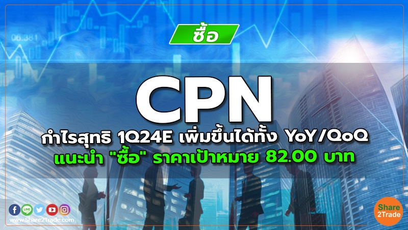 CPN กำไรสุทธิ 1Q24E เพิ่มขึ้นได้ทั้ง YoY/QoQ แนะนำ "ซื้อ" ราคาเป้าหมาย 82.00 บาท