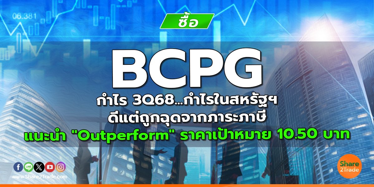 BCPG กำไร 3Q68...กำไรในสหรัฐฯ ดีแต่ถูกฉุดจากภาระภาษี แนะนำ "Outperform" ราคาเป้าหมาย 10.50 บาท