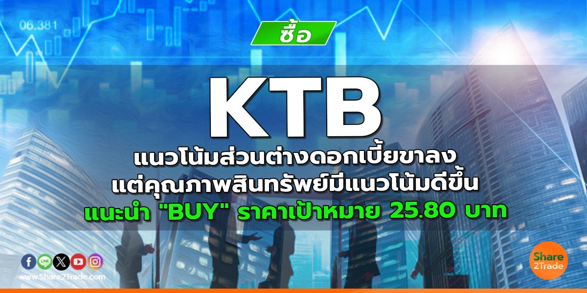 KTB แนวโน้มส่วนต่างดอกเบี้ยขาลง แต่คุณภาพสินทรัพย์มีแนวโน้มดีขึ้น แนะนำ "BUY" ราคาเป้าหมาย 25.80 บาท