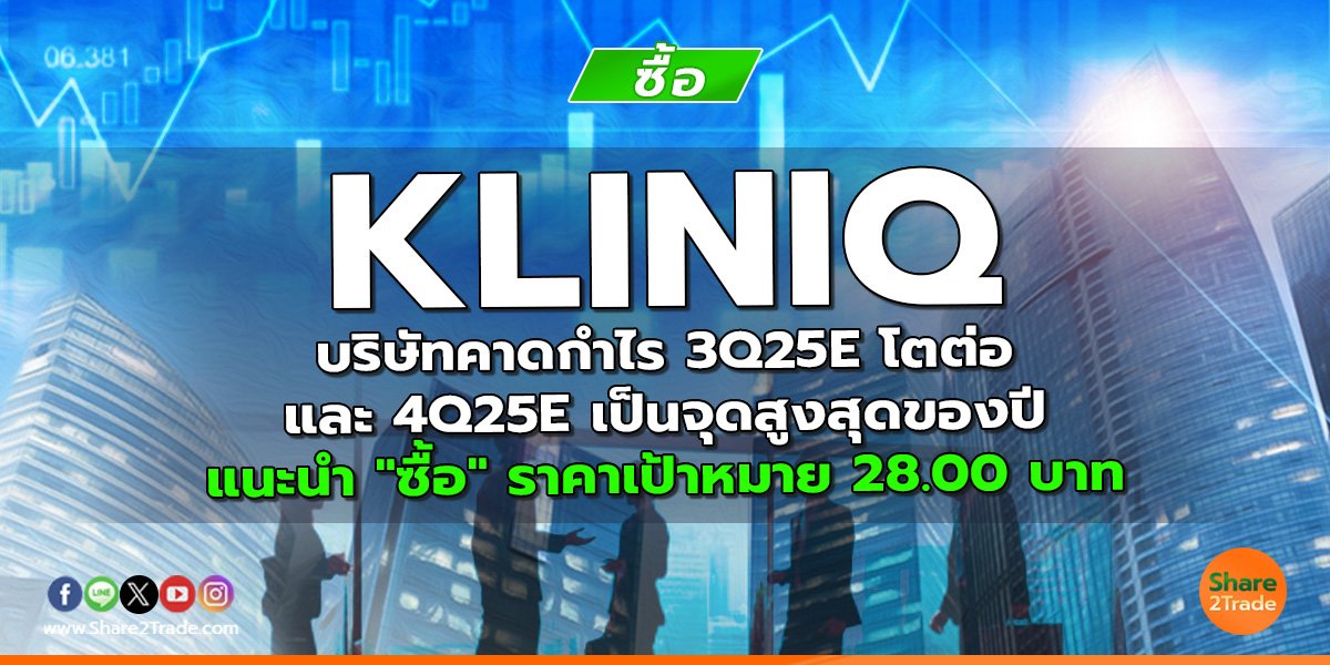 KLINIQ บริษัทคาดกำไร 3Q25E โตต่อและ 4Q25E เป็นจุดสูงสุดของปี แนะนำ "ซื้อ" ราคาเป้าหมาย 28.00 บาท