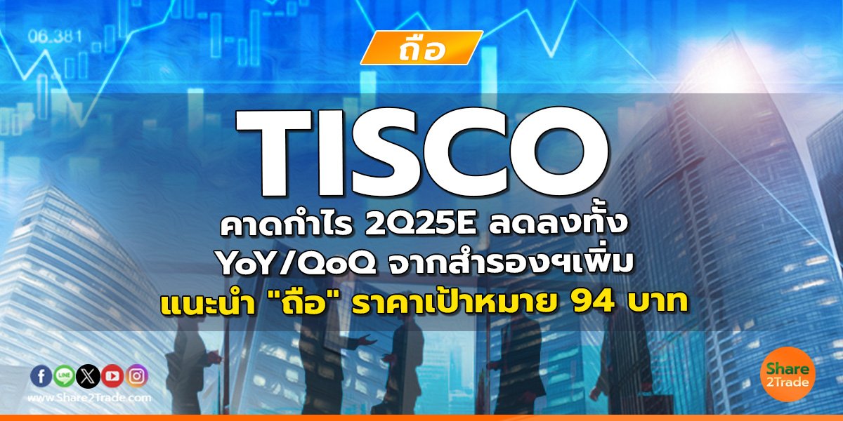 TISCO คาดกำไร 2Q25E ลดลงทั้ง YoY/QoQ จากสำรองฯเพิ่ม แนะนำ "ถือ" ราคาเป้าหมาย 94 บาท