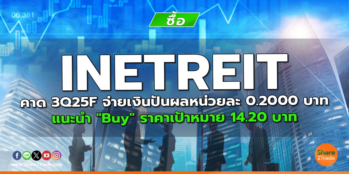 INETREIT คาด 3Q25F จ่ายเงินปันผลหน่วยละ 0.2000 บาท แนะนำ "Buy" ราคาเป้าหมาย 14.20 บาท