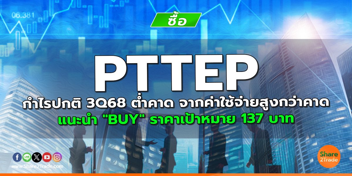 PTTEP กำไรปกติ 3Q68 ต่ำคาด จากค่าใช้จ่ายสูงกว่าคาด แนะนำ "BUY" ราคาเป้าหมาย 137 บาท